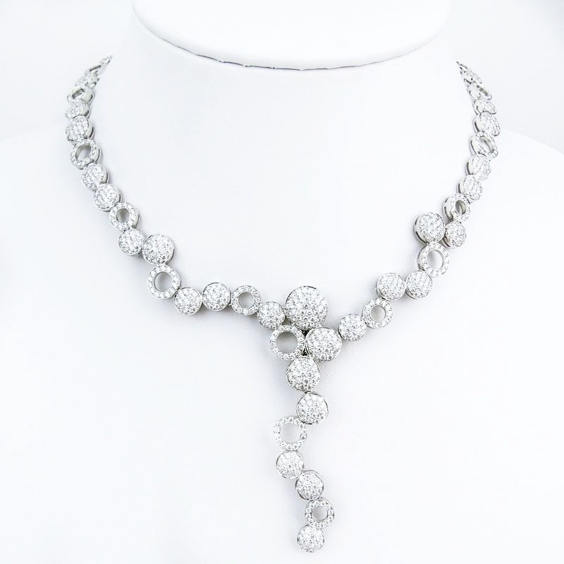 Very Fine Hand Made Contemporary Design Approx. 13.0 Carat Pave Set Round Brilliant Cut Diamond and 18 Karat White Gold Necklace.