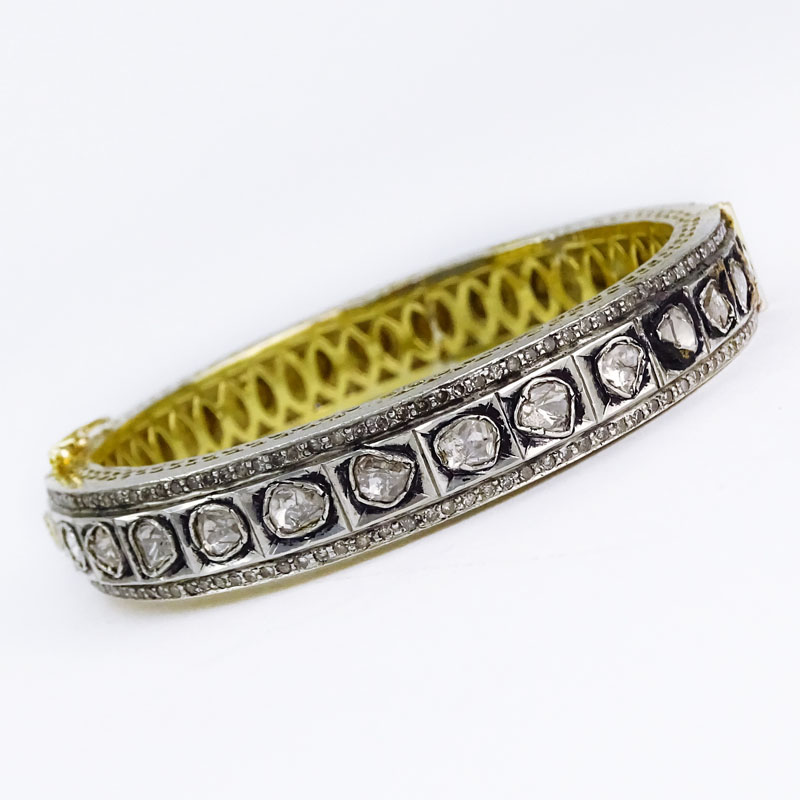 Rose Cut Diamond, 18 Karat Yellow Gold and Silver Bangle Bracelet. 