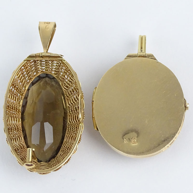 Two (2) Vintage Oval Cut Smokey Quartz and 14 Karat Yellow Gold Filigree Pendants