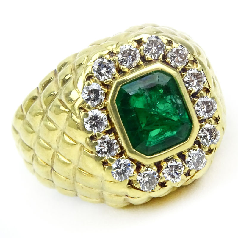Vintage Emerald, Approx. 1.75 Carat Round Brilliant Cut Diamond and 18 Karat Yellow Gold Ring. 