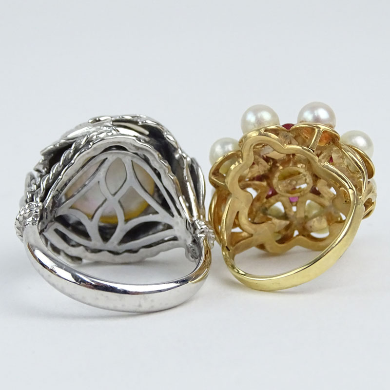 Vintage 14 Karat White Gold and Mabe Pearl Ring together with Vintage 14 Karat Yellow Gold, Pearl and Ruby Ring. 