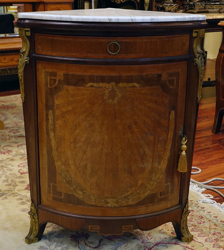 Pair of Gilt Bronze Mounted Mahogany and Inlaid Marquetry Inlaid Encoignures (corner cabinets) with Carrara Marble Top.