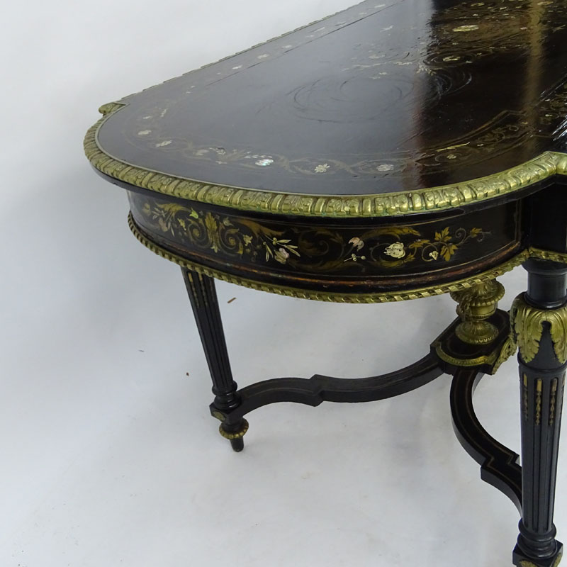 American Renaissance Gilt Bronze Mounted Mother of Pearl and Ebonized Library Table.