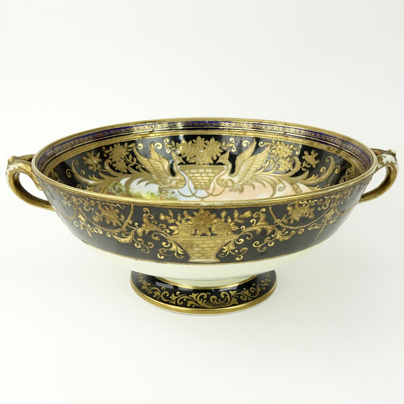 Large Gilt Hand Painted Porcelain Footed Centerpiece Bowl.