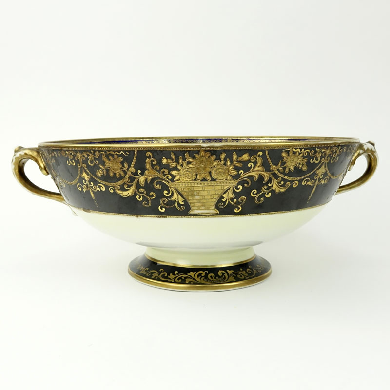 Large Gilt Hand Painted Porcelain Footed Centerpiece Bowl.