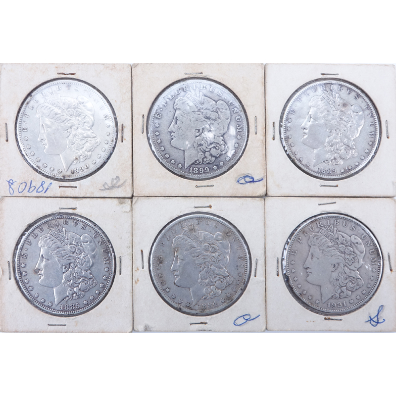 Collection of Six (6) Morgan Silver Dollars. Dates ranging from 1884-1921.