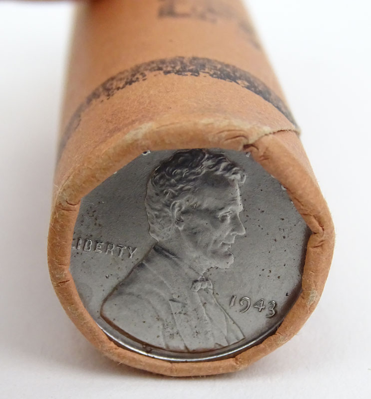 Old Bank Roll of Fifty (50) 1943 US Steel Pennies. High grade uncirculated coins with grade MS64 and higher.
