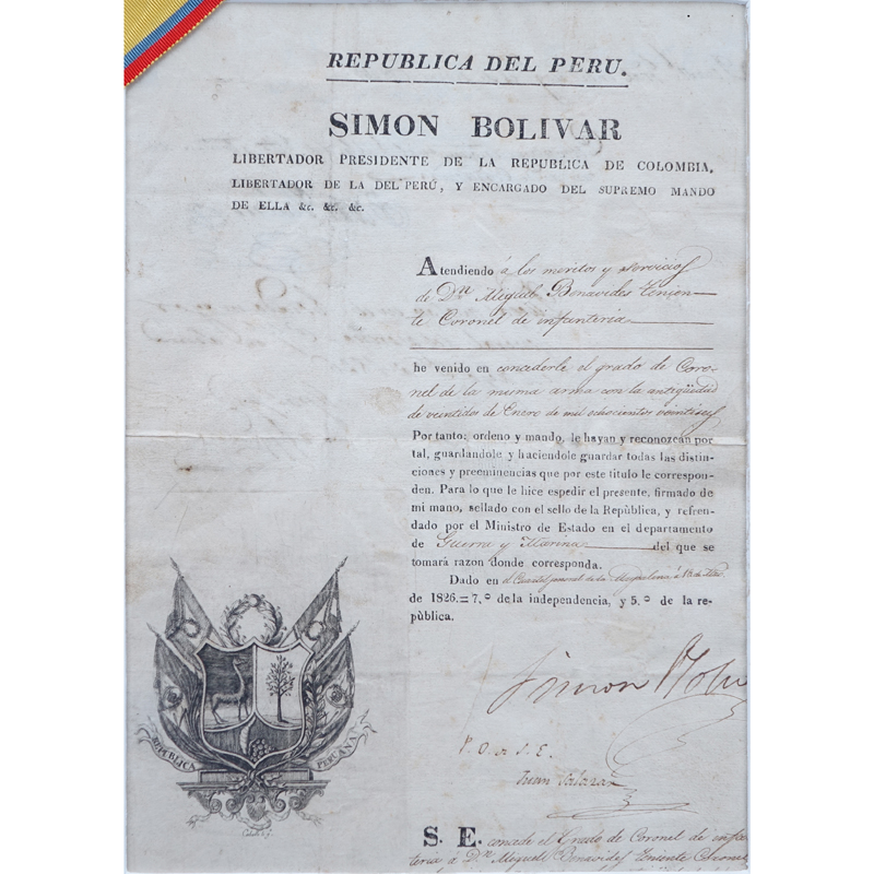 Simon Bolivar (1783 - 1830) Document Signed as "Libertador Presidente de la Republica de Colombia, Libertador de la Del Peru".