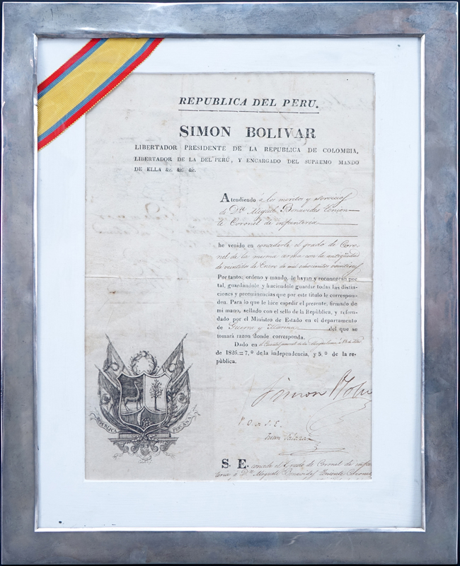 Simon Bolivar (1783 - 1830) Document Signed as "Libertador Presidente de la Republica de Colombia, Libertador de la Del Peru".