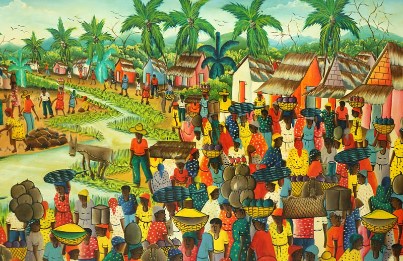 Alfred J. Michel, Haitian (20th C.) Oil on Canvas "Marketplace Scene" 