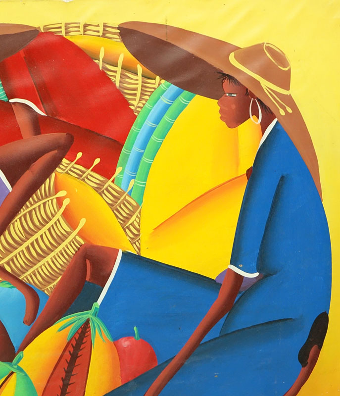 Marc Bazile, Haitian (20th C.) Oil on Canvas "Merchants" 