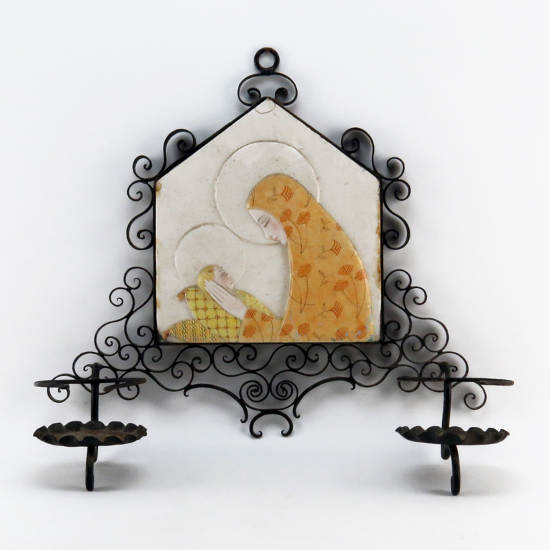 Mid Century Italian Iron Sconce with Relief Pottery Plaque.