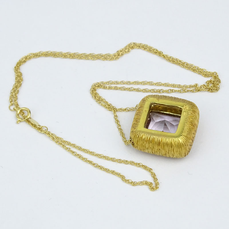 Vintage Square Cut Morganite and 18 Karat Yellow Gold Pendant Necklace.