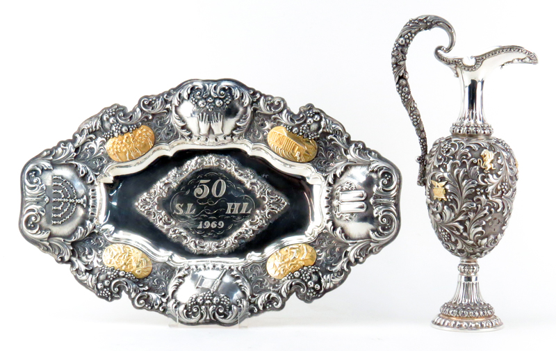 Fine Judaica Silver Ewer and Tray. Decorated with various Judaica symbols e.g. Menorah, Hamsa, Torah, Torah Shield etc. 