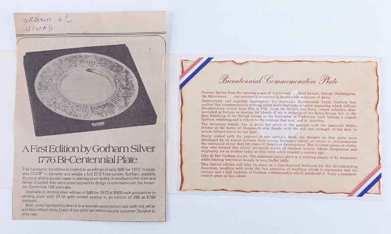 Gorham Sterling Silver 1972 Bicentennial Commemorative Charger in Original Wooden Box.