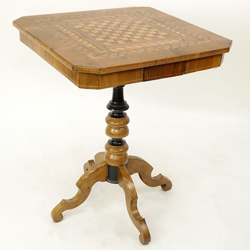 Vintage Inlaid Wood Game Table. Unsigned. Wear and rubbing, age splits. 