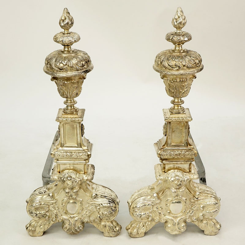 Pair of Antique Georgian Silvered Bronze Andirons. Heavy Ornate scroll and acanthus leaves motifs, rosettes, drapes, and hairy paw feet. 