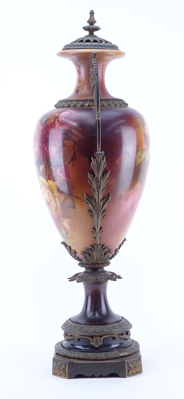 Large Victorian Hand Painted Metal Mounted Porcelain Urn.