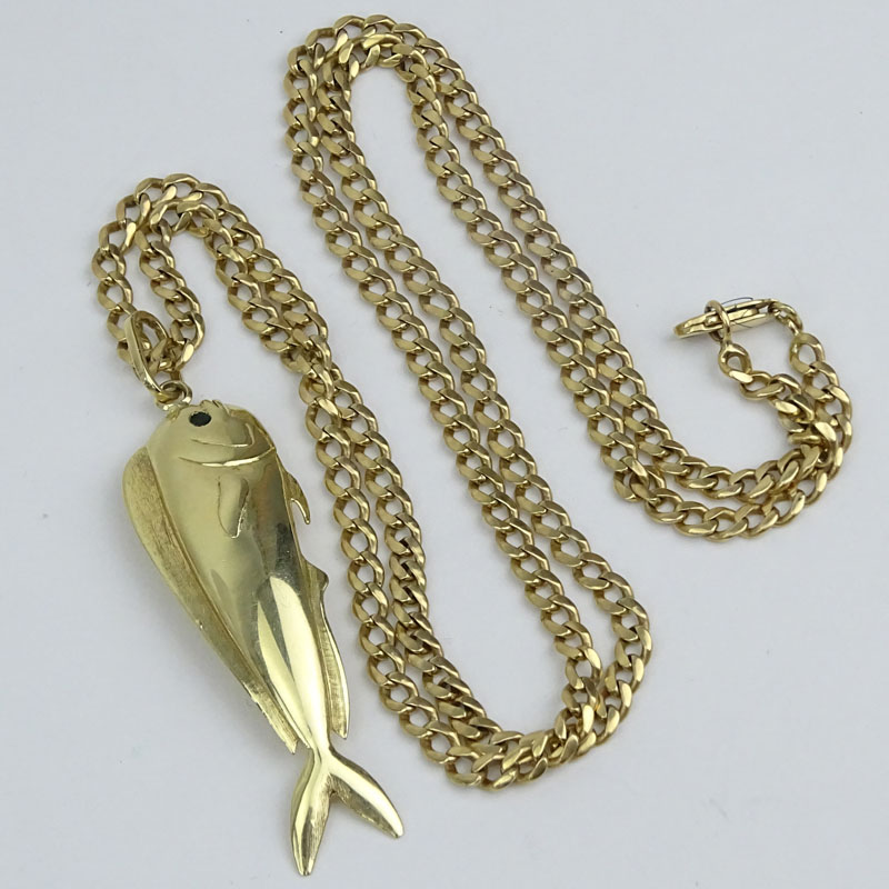 Vintage Heavy 14 Karat Yellow Gold Fish Pendant Necklace with Emerald Accents.