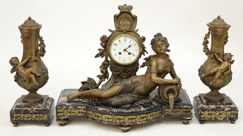 L & F Moreau Art Nouveau French Metal and Marble Clock Garniture.