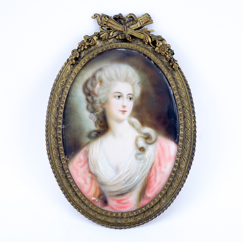 Antique Miniature Portrait of a Duchess in Gilt Brass Frame. Signed K. Halle.