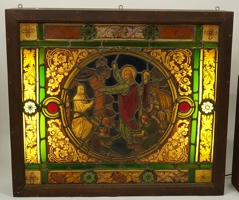Antique German Hand Painted Stained Glass Window, Religious Scene, in Wooden Frame. 