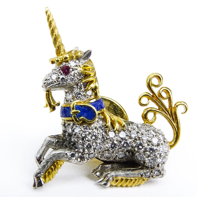 Vintage Tiffany & Co Diamond, Platinum, Enamel, Ruby and 18 Karat Yellow Gold Unicorn Tie Pin together with Vintage Tiffany & Co Enamel and 14 Karat Yellow Gold Frog Tie Pin. 