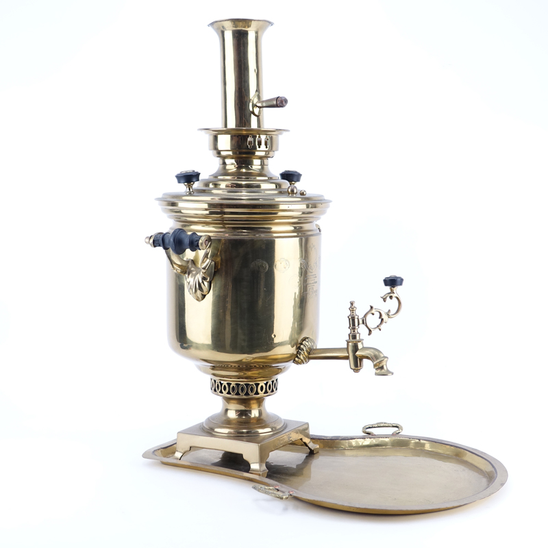 Antique Russian Brass Samovar with Undertray. Signed, stamped, inscribed, and dated. 