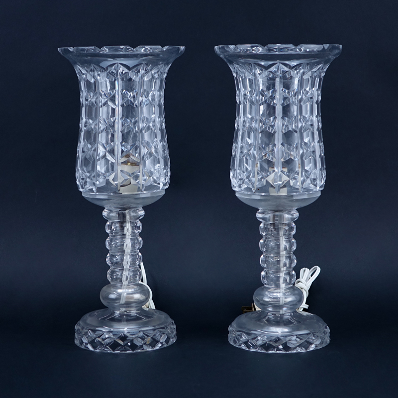 Pair of Mid Century Waterford Style Crystal Hurricane Lamps.
