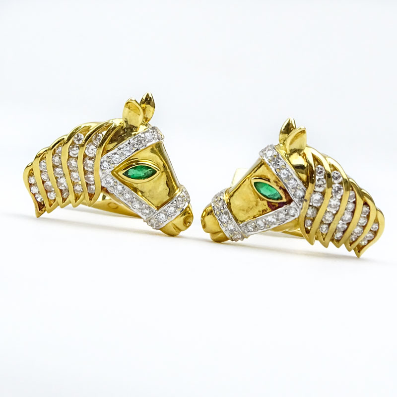 Vintage Asprey Diamond, Emerald and 18 Karat Yellow Gold Horse Head Cufflinks.