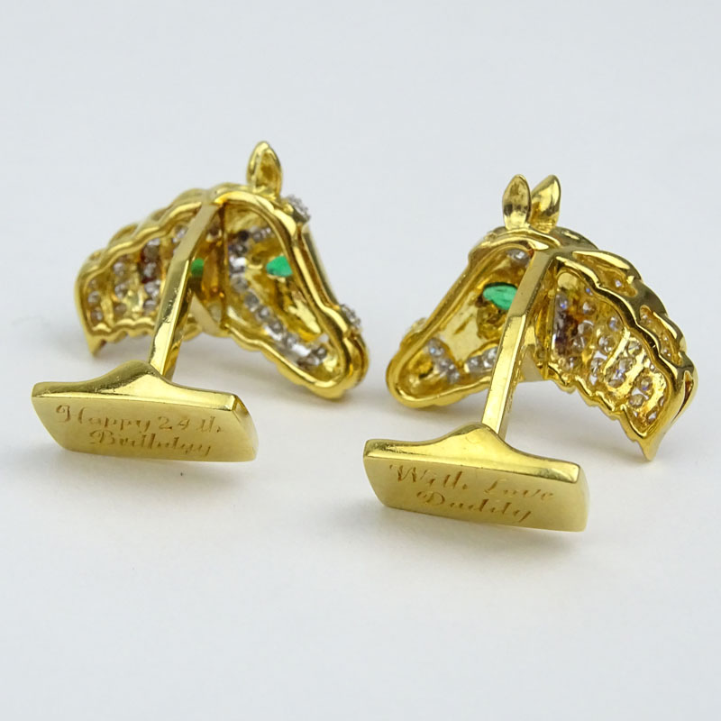 Vintage Asprey Diamond, Emerald and 18 Karat Yellow Gold Horse Head Cufflinks.