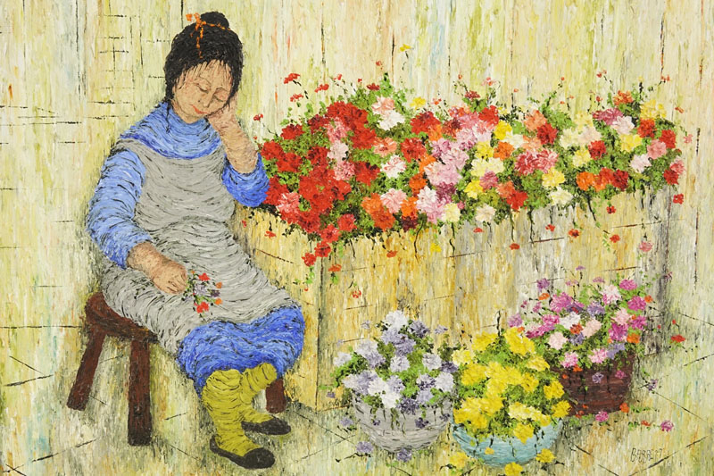 Mildred Barrett, American (20/21st Century) Oil on Canvas "Resting at the Flower Market" 