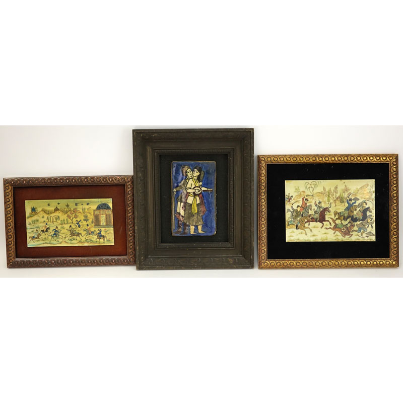 Two (2) Vintage Persian Miniature Paintings on Celluloid and A Hand Painted Pottery Tile.