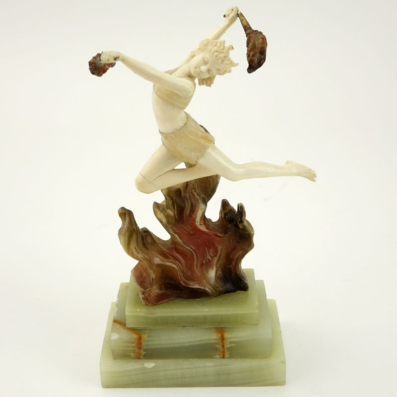 After: Johann Philipp Ferdinand Preiss, German (1882 - 1943) "Flame Leaper" Ivory and Resin Figurine on Onyx Base.