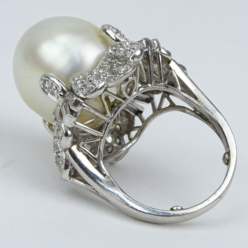 Vintage 14mm South Sea Pearl, Diamond and 18 Karat White Gold Ring Possibly Moussaieff Jewelry, London.