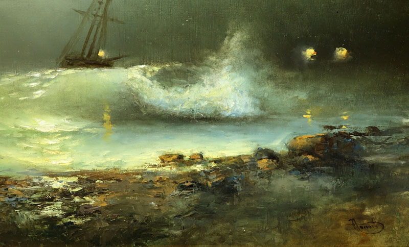 20th Century Oil on Canvas "Raging Sea's" 