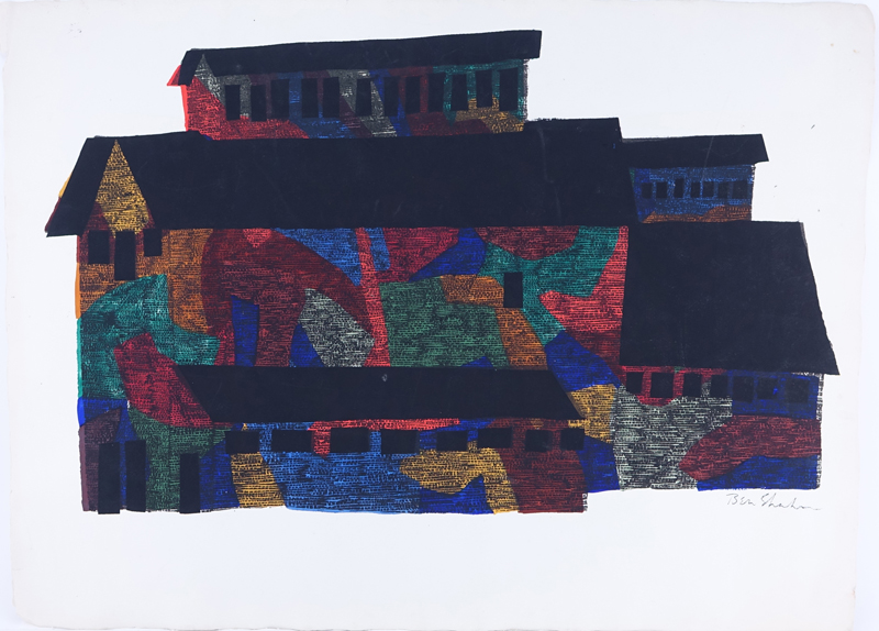 Ben Shahn, American (1898-1969) Screenprint with handcoloring on Arnold paper "Mine Building". 