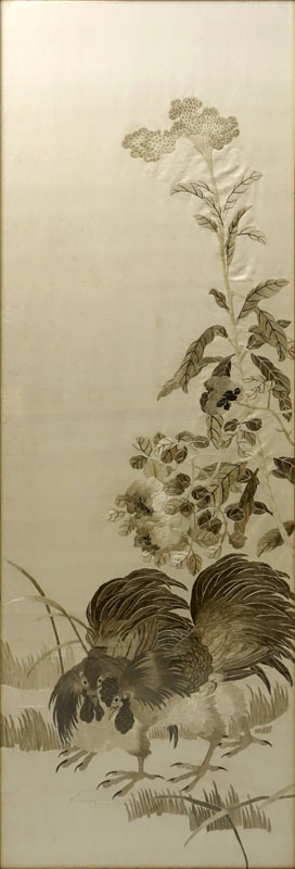 Pair Vintage Japanese Embroidery On Silk Panels.