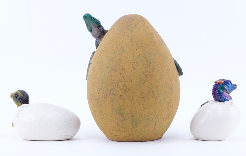 Two (2) Windstone Edition Hatching Dragon Egg Sculptures and a Large Hatching Alligator Sculpture (unsigned).