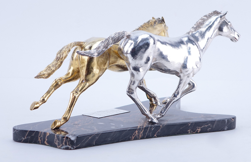 Important Asprey & Co. Sterling Silver and Vermeil Horses Sculpture Mounted on Marble Base