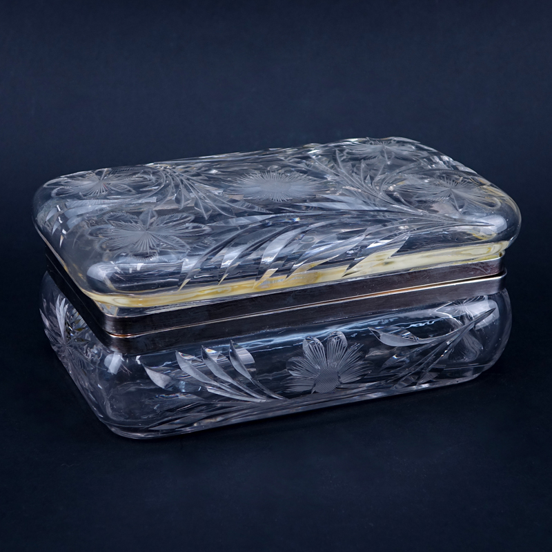 Antique Etched Crystal and Silver Plate Vanity Box.