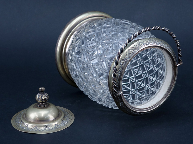 Antique Cut Crystal and Silver Plate Covered Tobacco Jar with Handle.