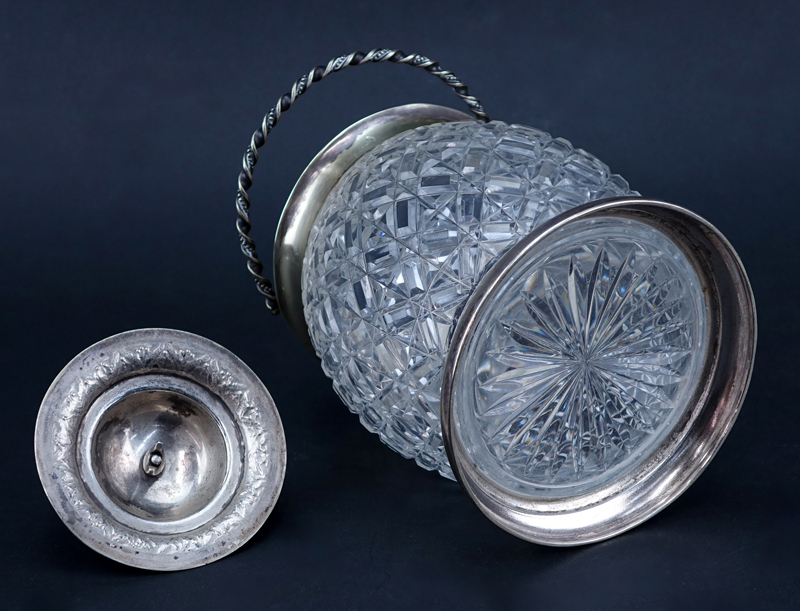 Antique Cut Crystal and Silver Plate Covered Tobacco Jar with Handle.