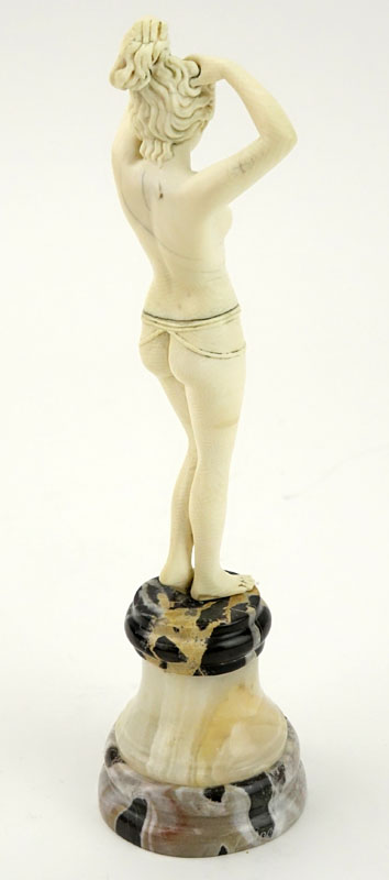 Art Deco Carved Ivory Nude Figurine on Marble and Onyx Base.