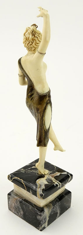 Art Deco Carved Ivory and Bronze Dancer with Tambourine on Marble and Onyx Base.