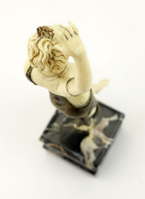 Art Deco Carved Ivory and Bronze Dancer with Tambourine on Marble and Onyx Base.
