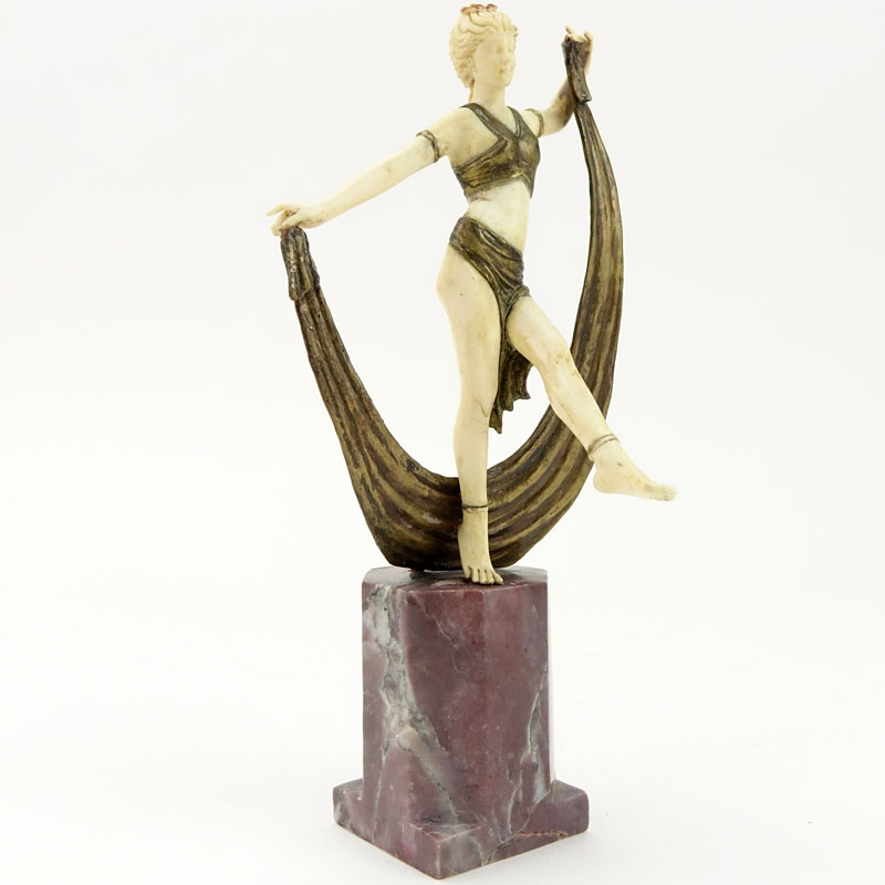 Art Deco Carved Ivory and Bronze Dancer on Marble Base.