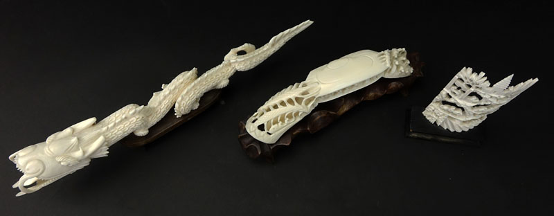 Lot of Three (3) Oriental Carved Ivory Groupings on Wooden Stands.