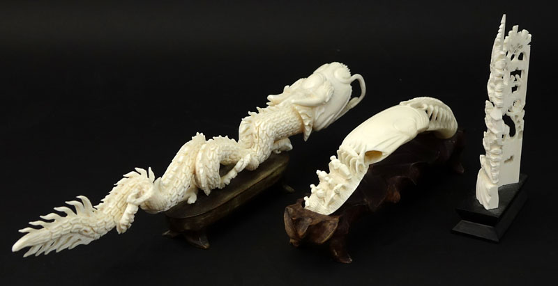 Lot of Three (3) Oriental Carved Ivory Groupings on Wooden Stands.
