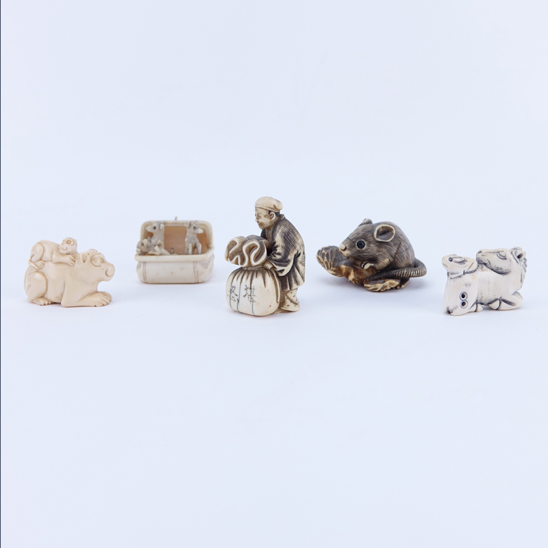 Collection of Five (5) Carved Netsuke. Includes various figures of animals and a man.